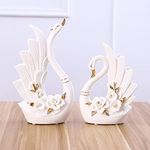 kartfury Lucky Swan Lover Figurines Ceramic Couple Swan Pair Showpiece Home Decor Craft Ornament Gift Set of 2 (Gold Flower)