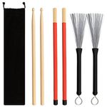 SINBLUE Drum Sticks Brush Set - 1 Pair 5A Maple Wood Drum Sticks 1 Pair Drum Wire Brushes Retractable Drum Stick Brush and 1 Pair Rods Drum Sticks with Storage Bag for Jazz Acoustic Music Lover Gift