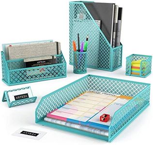 ARTEZA 6-Piece Teal Desk Accessories Set, Essential Desktop Organizer for Home Office, Includes Paper Organizer, Pencil Holder, Letter Sorter & More, Teal Office Supplies