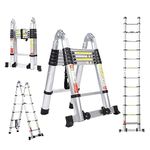 BOWEITI 12.5FT Telescoping Ladder,Telescoping A Frame Ladder with Balance Bar and Movable Wheel,Household Use Folding Ladder,Multi-Purpose Collapsible Ladder for Outdoor Work