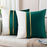 Vinayaka Fab Set Of 2 Velvet Throw Pillow Covers 250 TC - Soft Decorative Cushion Covers Cases With Gold Leather For Sofa Bedroom Livingroom Car, 16 X 16 Inch (2 Pieces) (Dark Green Off White/Gold)