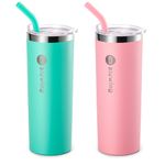 Bluwing 2 Pack Insulated Tumbler Cups with Straw 20 oz Slim Travel Water Tumbler for Women/Men, Leak Proof Lid (Teal-Pink)