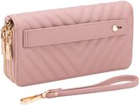 B BRENTANO Vegan Leather Double Zipper Pocket Wallet with Grip Hand Strap, Chevron Embroidered Blush, Wallet With Hand Grip