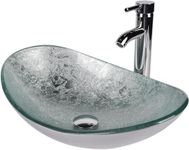 Boat Shape Bathroom Artistic Glass Vessel Sink Free Oil Rubbed Bronze Faucet and Pop-up Drain,Silver