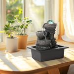 POWLAB Tabletop Water Fountain,Environmental Resin Meditation Fountain,Desktop Fountain,3-Tier Indoor Waterfall Feature with Crystal Ball and Light for Home Office Decor Relaxation 10''X9''X6.9''