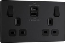 BG Electrical Double Switched Power Wall Plug Socket with Fast Charge Type A and Type C USB Charging Ports, Evolve, Matt Black, 13A, 22W, PCDMB22UAC22B