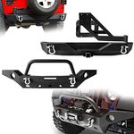 LEDKINGDOMUS Full Width Front& Rear Bumper with Tire Carrier Compatible with 07-18 Jeep Wrangler JK and JK Unlimited Rock Crawler With Fog Lights Hole, Winch Plate Black Textured