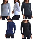 Sexy Basics Women's 5 Pack Casual & Active Basic Cotton Stretch Long Sleeve Round Crew Neck Athletic T-Shirt Tops, 5 Pack- Black/White/Grey/Navy/Charcoal, Large