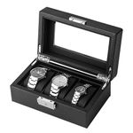 SHYOSUCCE 3 Slots Watches Storage Box with Clear Glass Window, Removable Velvet Pillow, PU Leather Watches Display Box, Black