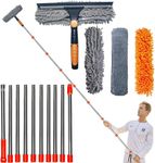 20 ft+ Reach Squeegee Window Cleaner Duster 2 in 1 Rotatable Window Cleaning Tool Kit with 3-14 ft Extension Pole, Window Washing Equipment for Indoor Outdoor Window Car Glass - 3 Pads