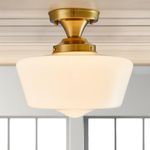 youngrender Schoolhouse Light Fixture Modern Gold Ceiling Light,Semi Flush Mount Ceiling Light,12''Wide Opal Milk Glass Shade,Brass Vintage Light for Farmhouse Bedroom Kitchen Hallway Entryway