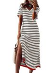 Dokotoo Summer Dress Casual Womens T Shirt Dress Short Sleeve Striped Long Color Block Maxi Dress Cruise Wear Gray Medium