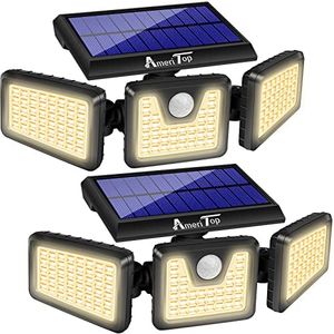 Solar Lights Outdoor, AmeriTop 270° Wide Angle Illumination, 3 Adjustable Heads, LED Solar Motion Sensor 128 LED 800LM Cordless Lights Outdoor; IP65 Waterproof, Security LED Flood Light (Warm White)