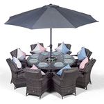 Arizona Luxury 8 Seater Grey Rattan Dining Set with Ice Bucket Drinks Cooler | Outdoor Poly Rattan Garden Table & Chairs Set with Parasol & Cover