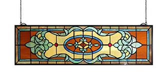 Yolic 32 Inch Width Horizontal Stained Glass Window Hangings Tiffany Glass Window Panel 9 Inch Height