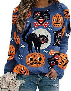 Pumpkin Sweatshirt Halloween Crewneck Shirt - Cats Moon Graphic Printed Long Sleeve Loose Pullover Top Blue S