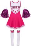 iEFiEL Kids Girls Cheer Leader Fancy Outfit Cheerleading Uniform Tank Pleated Dress with Pom Pom Knee High Sock Hot Pink 9-10 Years