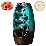 INONE Ceramic Incense Burner with 120 Cones, Waterfall Backflow Incense Holder, Aromatherapy Ornament, Zen Decor, Home Decor, Room Decor (Cyan)