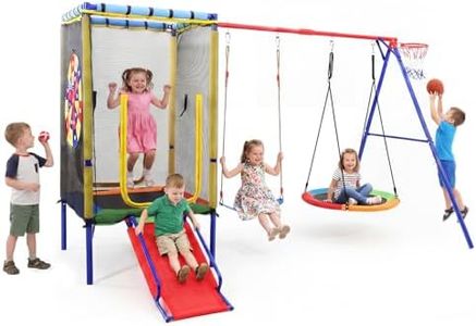 OLAKIDS Swing Sets for Backyard, 6 in 1 Outdoor 220KG Heavy Duty A-Frame Metal Stand with Trampoline, Slide, Saucer Swing, Belt Swing, Dartboard, Basketball Hoop for Kids Family Fun