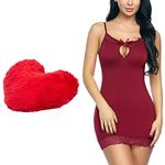 KITTYBEES Valentine's Day Special Women Babydoll Sleepwear Lingerie with Heart Pillow Night Dress Lingerie for Women Babydoll Lingerie for Women Honeymoon Babydoll Dress Gifts for Wife (Maroon, M)