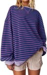 UEU Womens Crewneck Sweatshirt Oversized Striped Color Block Pullover Y2K Tops Purple Striped X-Large