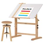 MEEDEN White Board Drafting Table and Stool Set, Height Adjustable Artist Stool, Art Craft Table, Tilting Drawing Desk, Wooden Stool, Artist Desk for Writing, Reading, Artwork