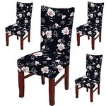 BRIDA® Polyester Spandex Stretchable Floral Geometric Printed Dining Chair Covers Elastic Chair Seat Case Protector, Slipcovers (4 Chair Cover, Black Flowers)