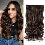 REECHO 20" 1-pack 3/4 Full Head Curly Wave Clips in on Synthetic Hair Extensions HE008 Hair pieces for Women 5 Clips 4.5 Oz Per Piece - Chocolate Brown with Highlights