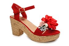 IVACHY Womens Wedge Ladies Summer Floral Sandal Espadrille Platform with Pearl Decoration Red