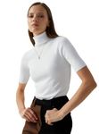 SIGHTBOMB Turtle Neck Half Sleeve Ribbed Tops For Women (Small-Medium, White, Slim Fit)