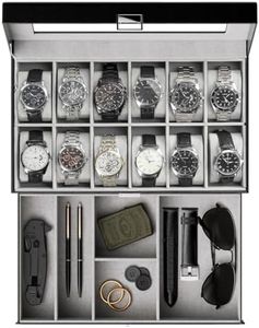 ProCase Watch Box for Men, 12 Slot Mens Watch Case With Drawer, Watch Display Case With Glass Lid, 2-Layer Watch Holder Organizer, Jewelry and Watch Storage for Men Women -12Slot, Black