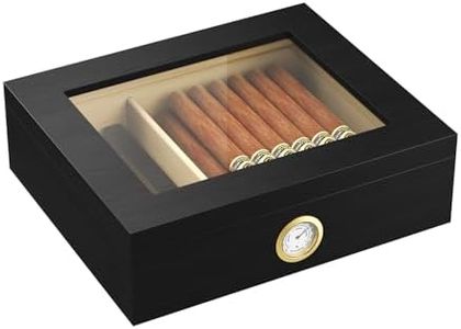 Mojgar Handmade Wooden Cigar Humidor Desktop,20-30 Counts Capacity,Travel Glass Top Cigar Box Portable with Mechanical Hygrometer,Humidifiers and Divider,Suitable for Home,Office and Bar,Black