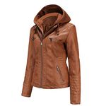 Tagoo Women's Faux Leather Jacket Motorcycle Coat for Biker with Removable Hooded Brown