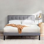 Furb Double Size Platform Bed Frame with Fabric Upholstered Headboard and Strong Wooden Slats, Round Stitched Button Tufted, Fully Upholstered Mattress Foundation, Easy Assembly, Gray