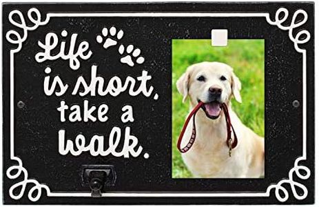 Whitehall Pet Photo Plaque Leash Hook - Cast Aluminum Life is Short Take a Walk Keepsake Animal Paw Print Wall Sign and Leash Holder with Picture Clip - Black/White