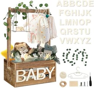 Wooden Baby Shower Crate Closet, Baby Shower Basket with 33.5" High Hanger Rack and Swing, DIY Baby Welcome Box with Handle, Easy Assembly Storage Crate for Pregnancy New Parent（Footprint Style）