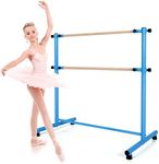 GOFLAME Double Ballet Barre Portable, 47” Freestanding Dancing Barre with 5 Adjustable Heights, Beech Wood Ballet Bar, Fitness Stretching Dancing Bar for Home, Gym, Dancing Room (Blue)