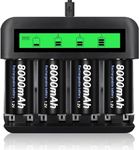 CITYORK 4 Pack 10000mAh Ni-MH Rechargeable D Size Batteries with 8 Bay 1.2v AA AAA C D LCD Universal Battery Charger