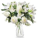 Love Bloom Fake Artificial Flowers with Vase - Fully Bloom Flower Bouquet with Silk Roses and Orchids in a Clear Vase with Satin Ribbon - For Wedding, Home Decor, Office, Table Centrepiece & Party