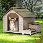 Dog House Outside, Wood Dog House Outdoor with Feeding Area and Door Curtain Open Roof Doghouse for Medium Small Dogs-Cream