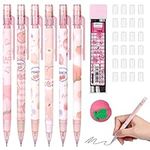 AUAUY 6 PCS Kawaii Mechanical Pencils，Cute Juice Peach Mechanical Pencil with 1 Box of Refill 0.5 mm Pencil and Erasers for Student Writing, Painting, Sketching, Architecture