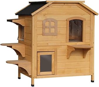 PawHut Outdoor Cat House 2-Storey Wooden Catio for Feral Cats with Openable Roof, Lounge Space, Fun Entrances, Yellow