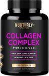 NURTURLY Multi Collagen Peptides Powder Capsules - Hydrolyzed Collagen Peptides Types (I, II, III, V & X) - Collagen Supplements for Joint Health, Anti-Aging, Hair, Skin & Nails - 120 Capsules