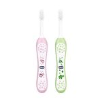 Chicco Baby Toothbrush for Infants (6m-36m), Set of 2 | Extra Soft Tapered Bristles ideal for Milk Teeth | BPA Free (Pink, Green)