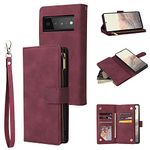 QLTYPRI Case for Google Pixel 6a, Large Capacity Leather Wallet Case 6 Card Holder & 1 Zipper Pocket Kickstand Wrist Strap Magnetic Protective Cover for Google Pixel 6a - Wine Red