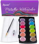 Dyvicl Glitter Metallic Watercolor Paints, 2nd Generation, 12 Assorted Colors, Portable Box with Water Brush, Sparkle Metallic Accents for Black Paper Drawing, Illustrating, Card Making, Coloring Books