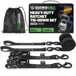Rhino USA Ratchet Straps Heavy Duty Kit (2-Pack) - 4cm x 2.4m (2,000kg Break Strength) - Ultimate Tie Down Straps with Safety S Hooks for Trucks, ATV, UTV, Motorcycle, Cargo & More - Black