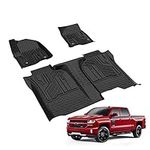 SUPER LINER Floor Mats Compatible for 2019-2023 Silverado / Sierra 1500 2500 HD 3500 HD Crew Cab, No Rear Underseat Storage Box, Black TPE All Weather Protective Front & Rear Rows