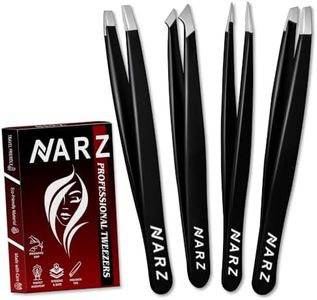 NARZ 4Pcs Professional Tweezers for Women Facial Hair Stainless Steel Precision Tweezers for Ingrown Hair Eyebrow Tweezer for Men & Women (Black Set)