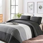 Faincy Queen Comforter Set, Grey & Black Patchwork Stripe Pattern Print Reversible Comforter - Size 90x90 3PC Soft Microfiber Duvet Sets Masculine Modern Bedding in a Bag for Women Men Teen, Gray